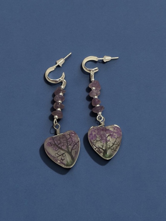 Hand Crafted Jewelry - Hand Crafted Silver Heart Tree Drop Earrings with Purple Beads